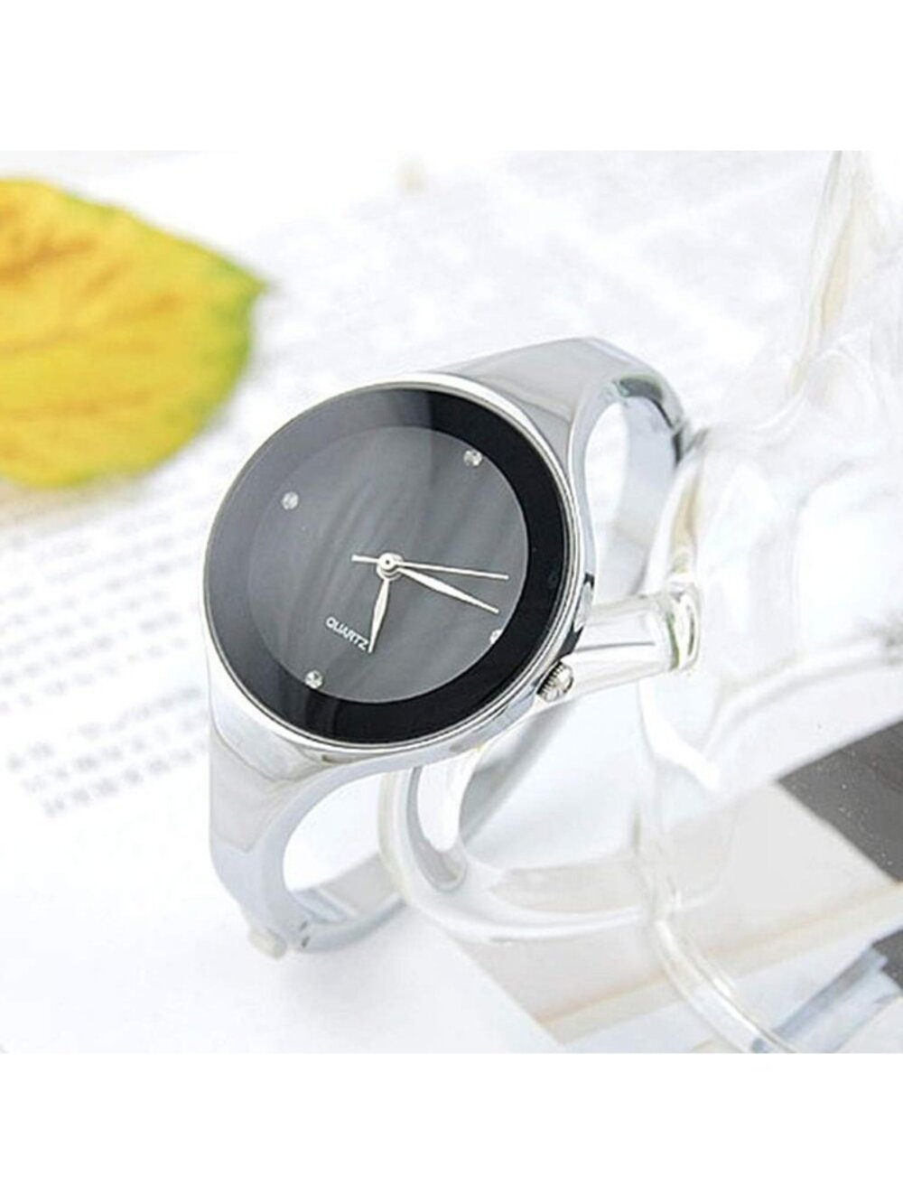 Women's Black Stainless Steel Bangle Quartz Analog Bracelet Stylish Wrist Watch - Picture 7 of 7